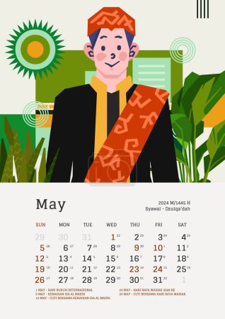 Ilustración de Calendario mensual de mayo con el diseño de la plantilla de vacaciones nacionales de Indonesia Texto editable - Imagen libre de derechos