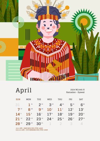 Illustration for April monthly calendar with Indonesia National Holiday template layout Editable Text - Royalty Free Image
