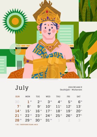 Illustration for July monthly calendar with Indonesia National Holiday template layout Editable Text - Royalty Free Image