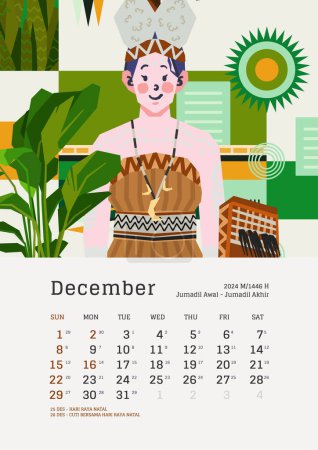 Illustration for December monthly calendar with Indonesia National Holiday template layout Editable Text - Royalty Free Image