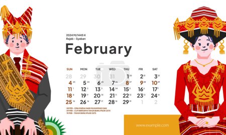 Illustration for February 2024 calendar with Indonesia National Holiday Landscape template layout Editable Text - Royalty Free Image