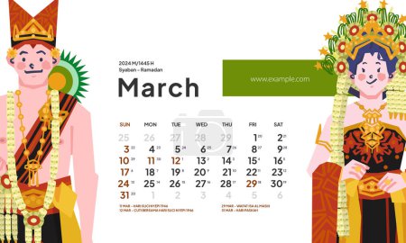 Téléchargez les illustrations : Mars 2024 calendrier avec l'Indonésie National Holiday Landscape gabarit mise en page Texte modifiable - en licence libre de droit