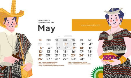 Illustration for May 2024 calendar with Indonesia National Holiday Landscape template layout Editable Text - Royalty Free Image