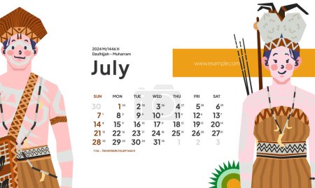 Téléchargez les illustrations : Juillet 2024 calendrier avec l'Indonésie National Holiday Landscape template layout Texte modifiable - en licence libre de droit