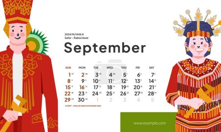 Illustration for September 2024 calendar with Indonesia National Holiday Landscape template layout Editable Text - Royalty Free Image