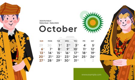 Illustration for October 2024 calendar with Indonesia National Holiday Landscape template layout Editable Text - Royalty Free Image