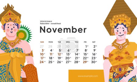 Téléchargez les illustrations : Novembre 2024 calendrier avec l'Indonésie National Holiday Landscape template layout Texte modifiable - en licence libre de droit