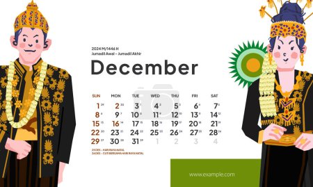Illustration for December 2024 calendar with Indonesia National Holiday Landscape template layout Editable Text - Royalty Free Image