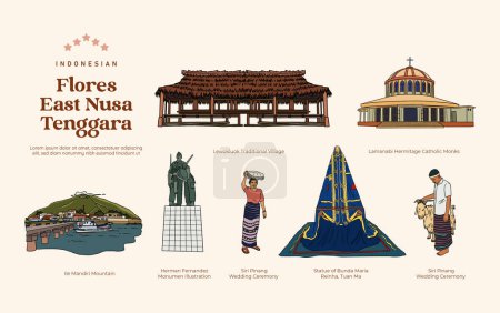 Ilustración de Ilustración de lugares emblemáticos del este de Nusa Tenggara Indonesia - Imagen libre de derechos