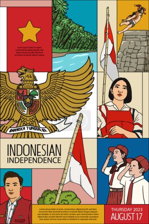 Téléchargez les illustrations : Heureuse journée indonésienne de l'indépendance illustrée à la main. Modèle de couverture magazine idée - en licence libre de droit