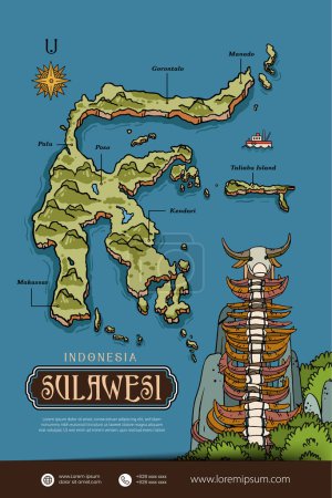 Téléchargez les illustrations : Illustration des cartes de Sulawesi Indonésie. Indonésie conception de l'île disposition - en licence libre de droit