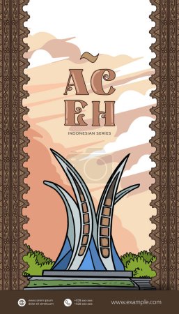 Téléchargez les illustrations : Monument historique d'Acehnese Simpang Lima avec de beaux paysages illustration de conception - en licence libre de droit