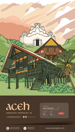 Téléchargez les illustrations : Modèle de présentation du magazine Cover Book pour le tourisme avec l'illustration de la culture Aceh - en licence libre de droit