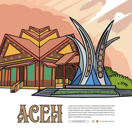 Téléchargez les illustrations : Modèle de mise en page de message de médias sociaux pour le tourisme avec illustration de la culture Aceh - en licence libre de droit