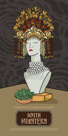Téléchargez les illustrations : Illustration traditionnelle indonésienne de couronne de mariage. Chapeau traditionnel sud Sumatera Palembang - en licence libre de droit