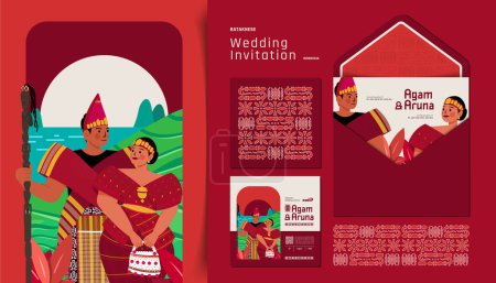 Téléchargez les illustrations : Bataknese invitation traditionnelle indonésienne paquet de mariage avec illustration de conception colorée de style plat - en licence libre de droit