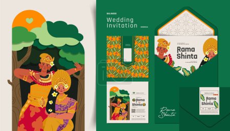 Ilustración de Invitación de boda tradicional indonesia balinesa con ilustración plana de diseño de estilo colorido - Imagen libre de derechos