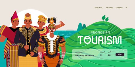 Ilustración de Ilustración de diseño de landing page para empresa de turismo de viajes con vestido de novia de cultura indonesia - Imagen libre de derechos