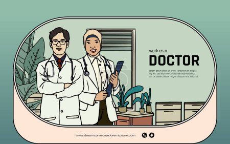 Téléchargez les illustrations : Indonésien médecin dessin à la main illustration conception mise en page pour les médias sociaux - en licence libre de droit