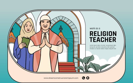 Téléchargez les illustrations : Enseignant de religion indonésien dessin à la main illustration mise en page pour les médias sociaux - en licence libre de droit
