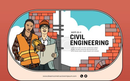 Illustration for Indonesian civil engineering hand drawn illustration design layout for social media post - Royalty Free Image