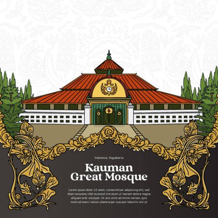 Téléchargez les illustrations : Yogyakarta Landmark Kauman Grande mosquée avec illustration d'ornement javanais - en licence libre de droit