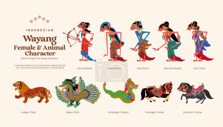 Ilustración de Set aislado de ilustración de diseño plano de carácter femenino y animal wayang indonesio - Imagen libre de derechos