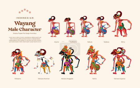 Ilustración de Set aislado de ilustración de diseño plano de carácter masculino wayang indonesio - Imagen libre de derechos