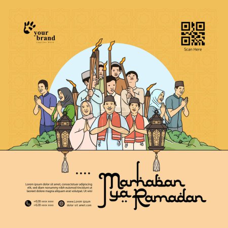 Ilustración de Poster idea para ramadán con personas musulmanas ilustración dibujada a mano - Imagen libre de derechos