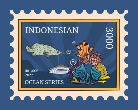 Illustration for Indonesian postage template with theme marine ocean illustration - Royalty Free Image