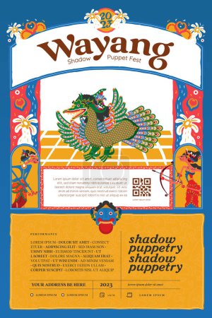 Téléchargez les illustrations : Wayang Ombre idée de mise en page de marionnettes pour affiche de l'événement avec design plat coloré - en licence libre de droit