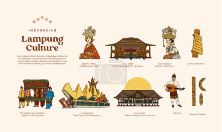 Illustration pour Ensemble d'illustrations isolées de la culture Lampung dessinées à la main - image libre de droit