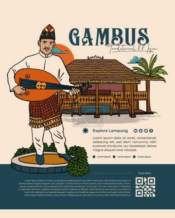 Illustration pour Affiche événement idée avec gambus indonésien modèle de mise en page de musique traditionnelle - image libre de droit
