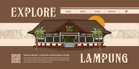 Illustration pour Landing Page pour le site du tourisme avec nuwo sessat lampung maison traditionnelle illustration dessinée à la main - image libre de droit