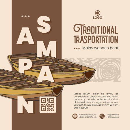 Illustration for Sampan Malay Wooden boat for traditional Transportation. Vintage Poster with public transportation theme idea - Royalty Free Image