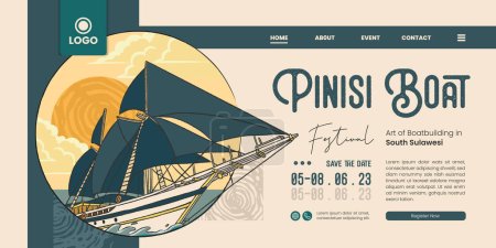 Landing page idea mit traditionellen Transport Pinisi Boot handgezeichnete Illustration. UI für Webdesign-Idee mit ethnischem Thema