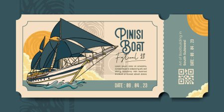 Téléchargez les illustrations : Billet événement transport avec Pinisi Boat South Sulawesi illustration dessinée à la main - en licence libre de droit