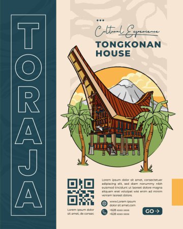 Illustration for Tongkonan house, traditional house in indonesia culture handrawn illustration - Royalty Free Image