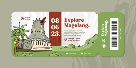 Téléchargez les illustrations : Édifice religieux à Magelang Central Java illustration dessinée à la main. Billet Tourisme événementiel avec Poulet Eglise d'origine indonésienne - en licence libre de droit
