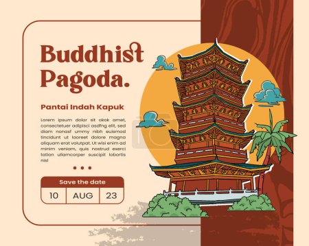 Ilustración de Edificio religioso en Yakarta ilustración dibujada a mano. Afiche del evento con Buddist Vihara fondo indonesio - Imagen libre de derechos