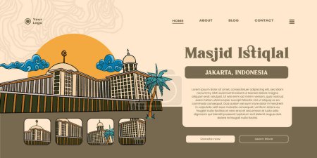 Ilustración de Edificio religioso en Yakarta ilustración dibujada a mano. Diseño de IU con fondo indonesio de la mezquita Istiqal - Imagen libre de derechos