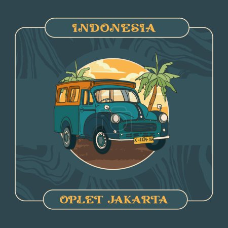 Ilustración de Yakarta Transporte tradicional Oplet coche clásico de los años 70 en indonesio - Imagen libre de derechos