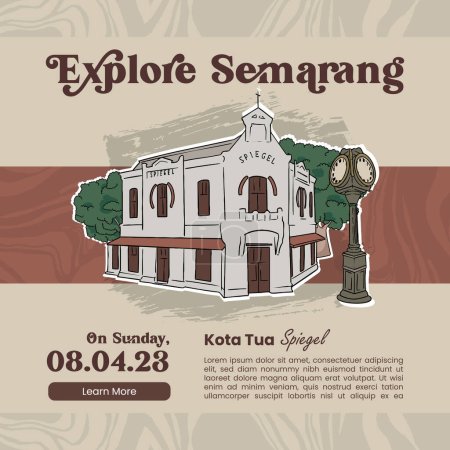 Ilustración de Explora el Semarang con la ilustración de la Ciudad Vieja para publicaciones en redes sociales - Imagen libre de derechos