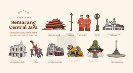 Isolated Semarang cultura central java indonesia e ilustración dibujada a mano hito