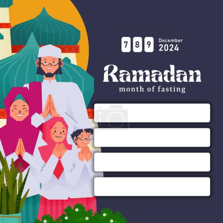 Idea de publicación de medios sociales para el día de Eid Fitr con ilustración de personas musulmanas tradicionales