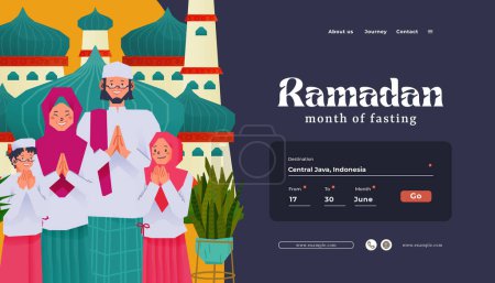 Idea de publicación de medios sociales para el día de Eid Fitr con ilustración de personas musulmanas tradicionales