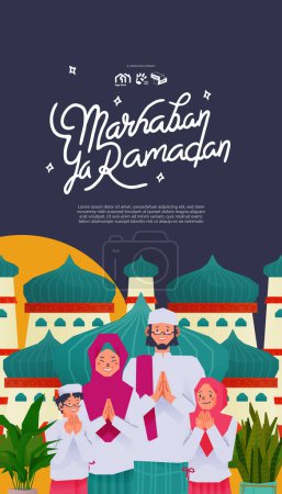 Téléchargez les illustrations : Social Media post idée pour la journée de l'Aïd Fitr avec l'illustration des musulmans traditionnels - en licence libre de droit