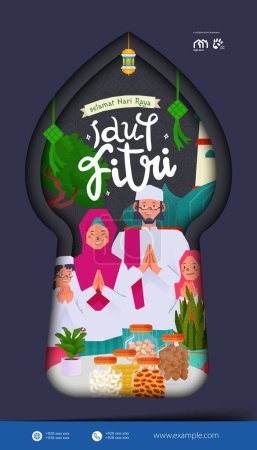 Selamat Idul Fitri, traducción Happy Eid Al Fitr con diseño plano ilustración de la familia musulmana