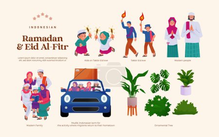 Design plat isolé Activité indonésienne Illustration Ramadan et Aïd al Fitr
