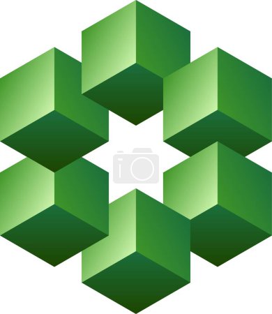 Illustration for 3d optical illusion shape. 3d impossible shape of cubes. Vector illustration of green cube. 3d illusion of geometric for logo, design, education or art. Perspective illusion hexagon shape illustration - Royalty Free Image